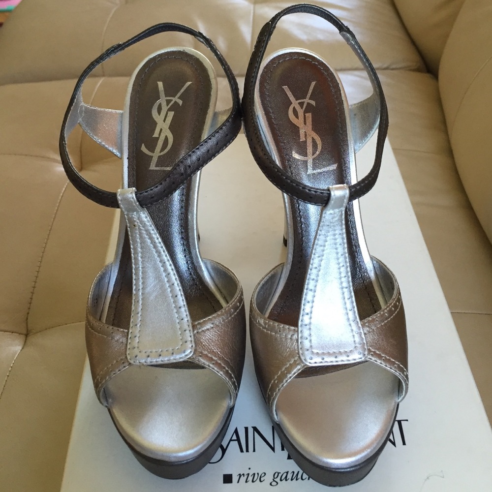 YSL metallic two tone T-strap sandals, size 35